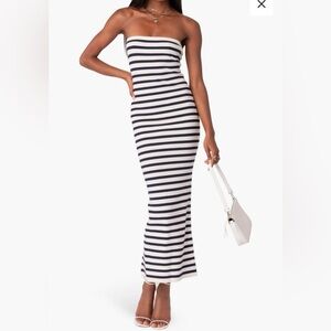 Edikted Strapless Navy and White Stripe Maxi Dress
